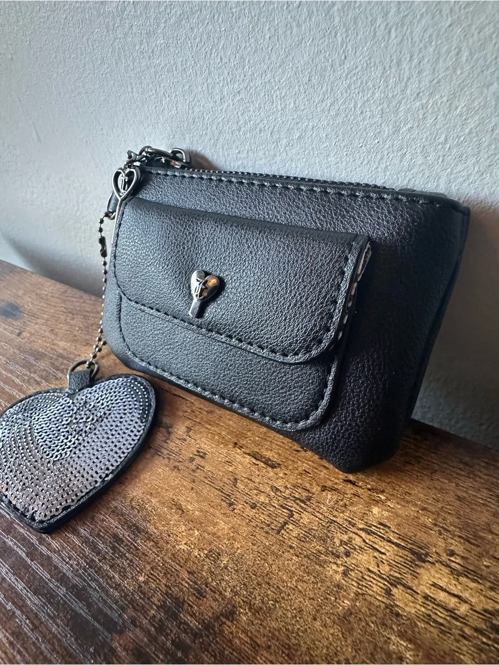 Juicy Couture Black Zip Card Wallet Keychain Bag Charm w/ Sequin Heart NWOT